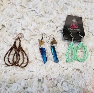 Three pairs of earrings brown mint green blue